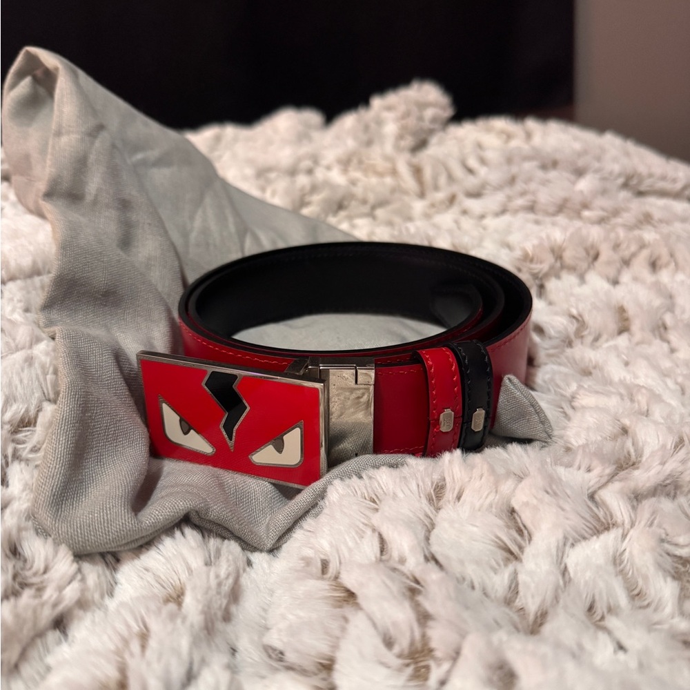 Fendi Red Leather Belt with Enamel Monster-Eye Buckle sz28-34